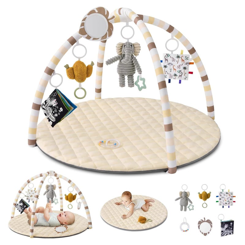 Blissful Diary Baby Play Gym Mat, Tummy Time Activity Mat with 6 Detachable Toys for Stage-Based Sensory & Motor Skill Development, Easy to Install & Clean, Baby Essentials Gift, Sandy Beige - Image 1
