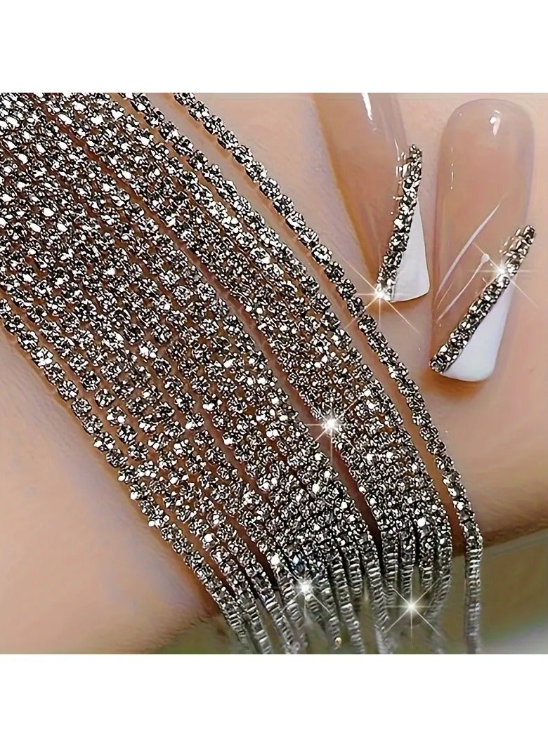 LANGMANNI سلسلة كريستال متلألئة فاخرة بطول 100 سم مع أحجار الراين - 1.5 مم لامع فضي، زينة مانيكير فرنسي للنساء والفتيات - Image 1