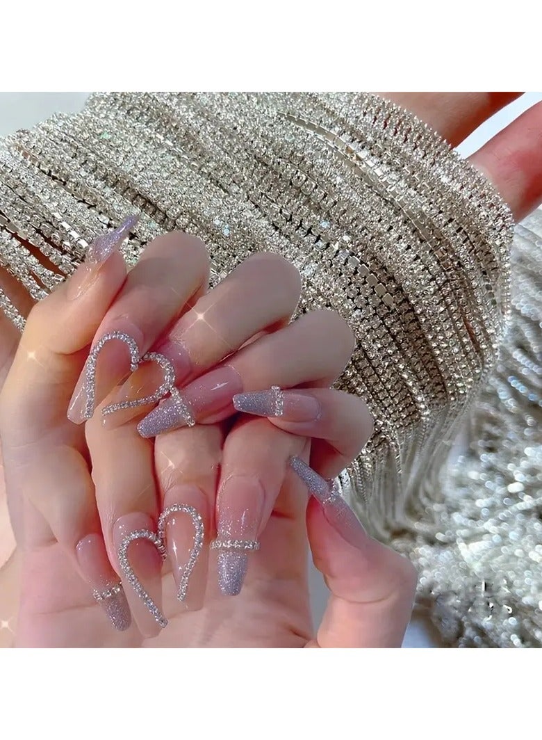 LANGMANNI سلسلة كريستال متلألئة فاخرة بطول 100 سم مع أحجار الراين - 1.5 مم لامع فضي، زينة مانيكير فرنسي للنساء والفتيات - Image 2