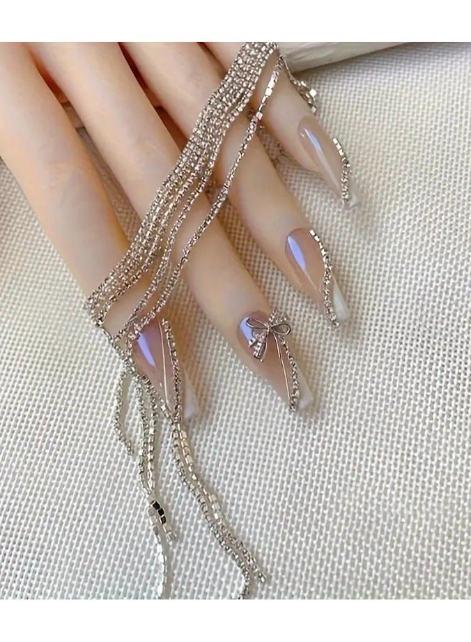 LANGMANNI سلسلة كريستال متلألئة فاخرة بطول 100 سم مع أحجار الراين - 1.5 مم لامع فضي، زينة مانيكير فرنسي للنساء والفتيات - Image 5