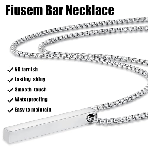 Fiusem Pendant Necklace for Men, Silver Tone Rectangular Pierced Necklace for Mens with 2.5 mm Box Chain, Stainless Steel Bar Chain, 24 Inches - Image 3