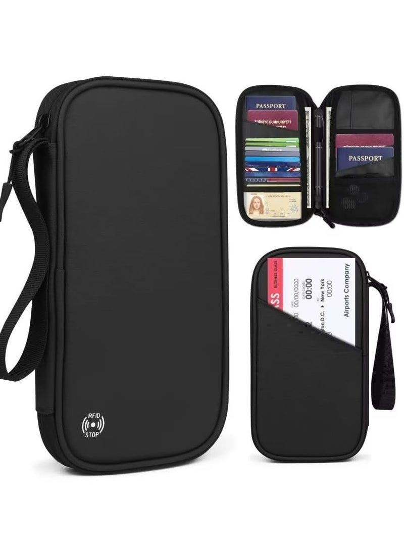 Excefore محفظة سفر بحامل جواز سفر عائلي، غطاء جواز سفر منظم لوثائق السفر، مثالي لحفظ جواز السفر وبطاقات الهوية وتذاكر الطيران والمال، أسود - Image 2
