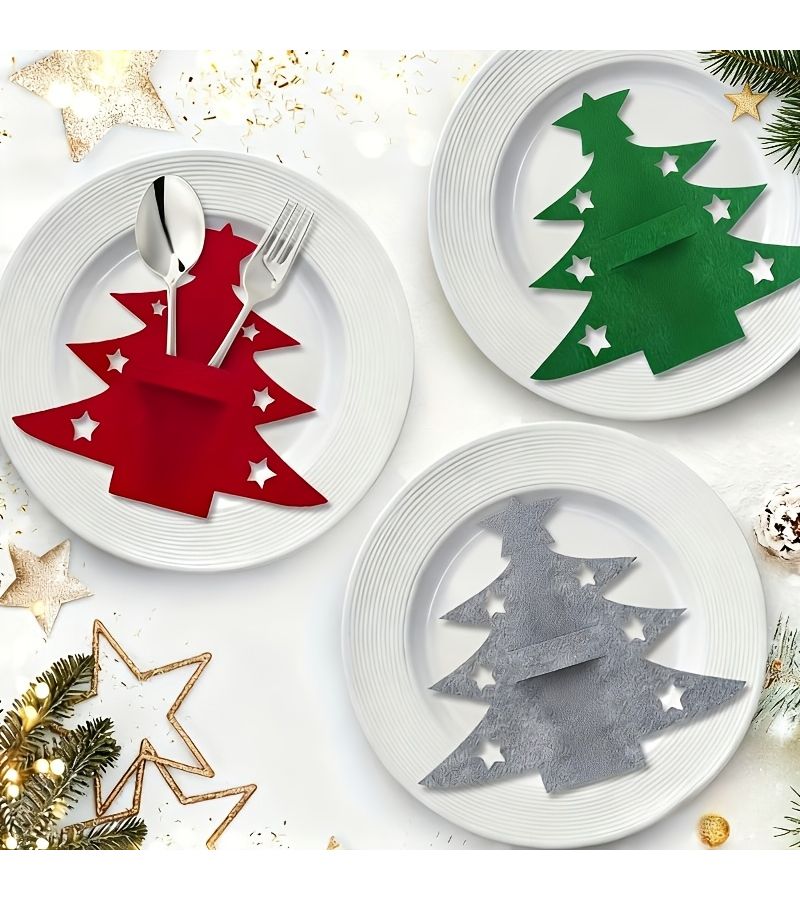 طقم أدوات المائدة الرمادي لعيد الميلاد المكون من 10 قطع مع أدوات مائدة من اللباد، ديكور حفلة العطلة والتخزين - Image 2