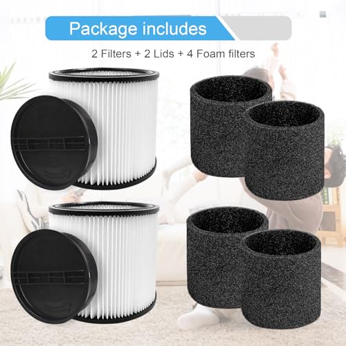 CERO 90304 Replacement Filter for Shop Vac 90304, 90350, 90333, 90585, 5 Gallon and Above Wet/Dry Vacuum Cleaners (2 Replacement Filter+2 Lids+4 Foam Sleeve Filters) - Image 4