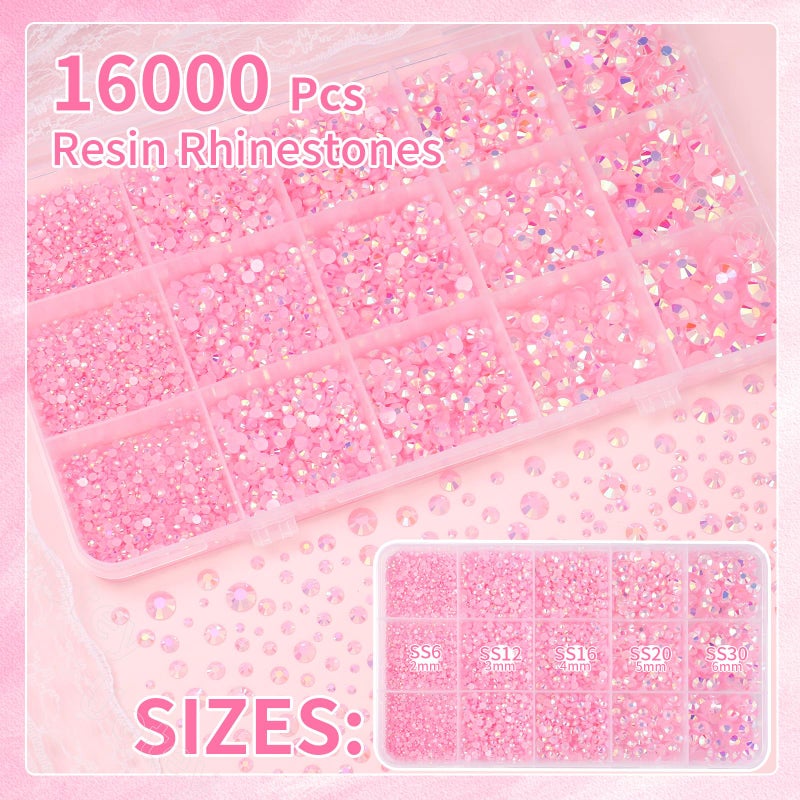 Uotey 16000 Pcs Resin Rhinestones for Crafting, Flatback Light Pink Gems Jelly Rhinestones, Mixed Sizes Pink Bedazzling Crystal with Pickup Tool for DIY Crafts Clothing Tumblers Mugs Shoes Fabric Nail Art - Image 2