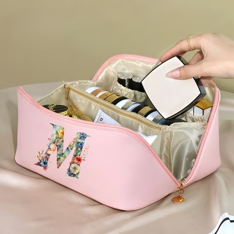 White Flower Initial Makeup Bag Large Capacity Cosmetic Pouch Travel Organizer - Image 2