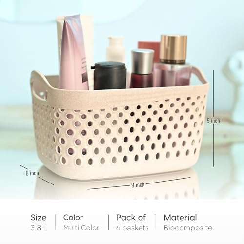Eha Earth Friendly Multipurpose Rectangular Basket for Storage Set Of 4 | Toy Basket Storage Box For Kids | Storage Baskets For Kitchen |3.8L Each | Made With Rice Husk And Bamboo Fibers | Multicolor - Image 2