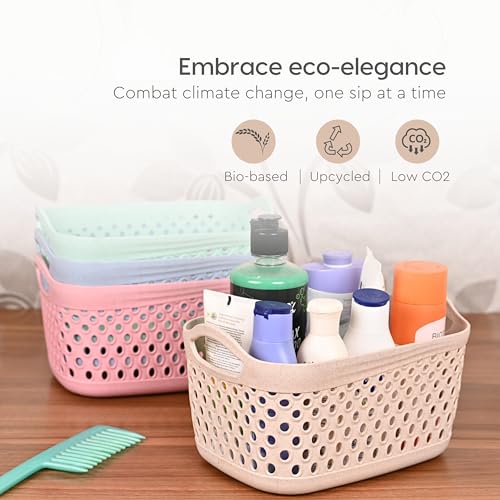 Eha Earth Friendly Multipurpose Rectangular Basket for Storage Set Of 4 | Toy Basket Storage Box For Kids | Storage Baskets For Kitchen |3.8L Each | Made With Rice Husk And Bamboo Fibers | Multicolor - Image 3