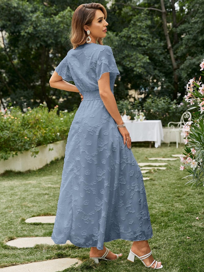 Simplee Apparel Simplee Women's Boho Floral V Neck Short Sleeve Formal Maxi Dress Summer Long Flowy Lace Bridesmaid Wedding Party Evening Dress (M Dusty Blue) - Image 4