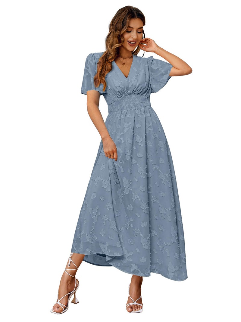 Simplee Apparel Simplee Women's Boho Floral V Neck Short Sleeve Formal Maxi Dress Summer Long Flowy Lace Bridesmaid Wedding Party Evening Dress (M Dusty Blue) - Image 1
