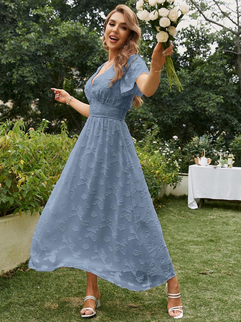 Simplee Apparel Simplee Women's Boho Floral V Neck Short Sleeve Formal Maxi Dress Summer Long Flowy Lace Bridesmaid Wedding Party Evening Dress (M Dusty Blue) - Image 5