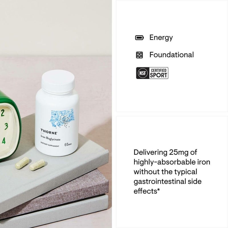 Thorne مكمل الحديد ثورن بيسغليسينات 25 ملغ لامتصاص معزز بدون آثار جانبية على الجهاز الهضمي معتمد من NSF للرياضة خالي من الغلوتين 60 حصة - Image 4