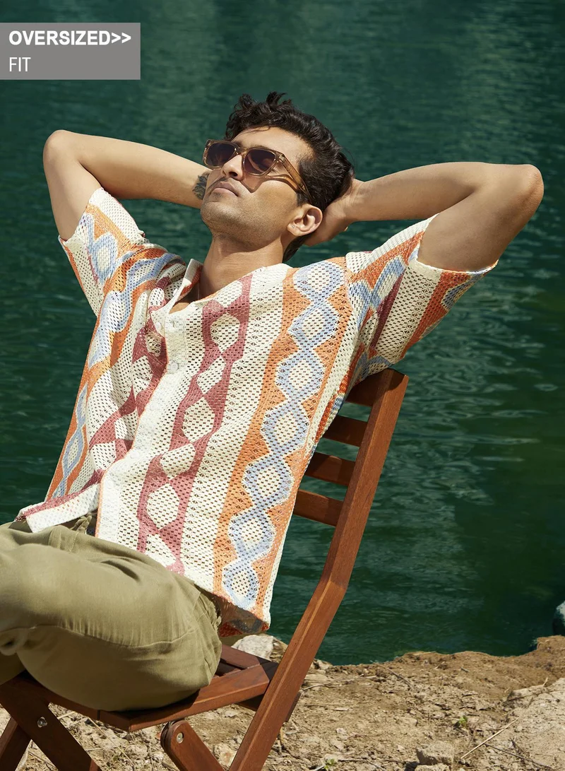 Campus Sutra Men's Tangerine Orange & Crimson Red Geometric Block Oversized Shirt