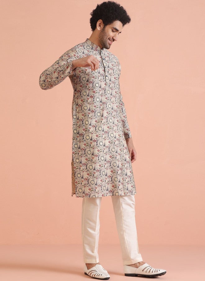 KISAH Men Ethnic Motifs Printed Thread Work Kurta - Image 3