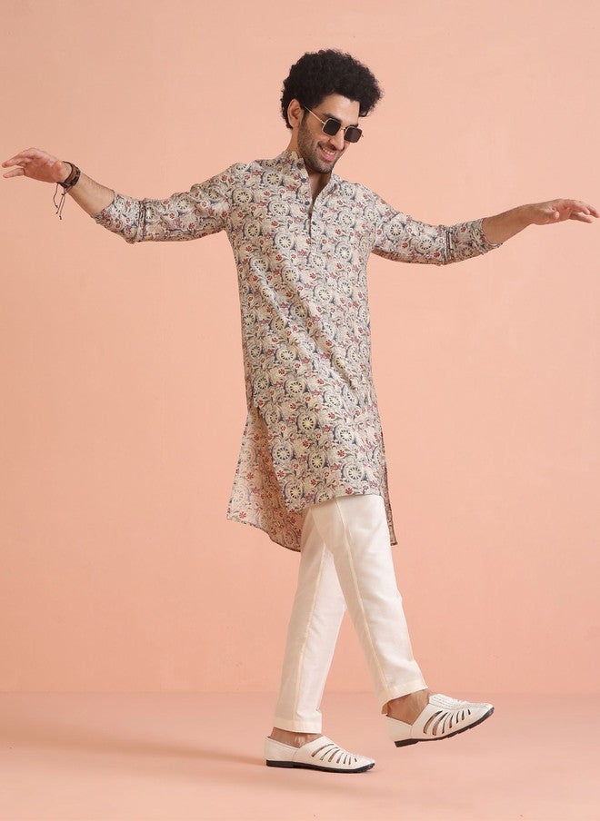 KISAH Men Ethnic Motifs Printed Thread Work Kurta - Image 4