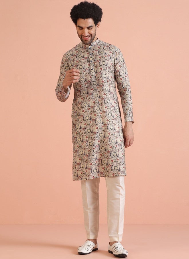 KISAH Men Ethnic Motifs Printed Thread Work Kurta - Image 5