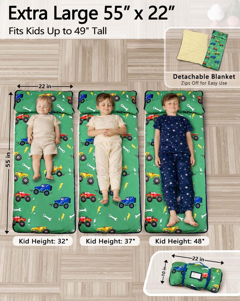 Primlect Toddler Nap Mat Extra Large Thickened 55''x35'', Soft Sleeping Bag with Detachable Minky Blanket and Pillow, Portable for Daycare, Preschool, Kindergarten, Travel, Boys and Girls (Truck) - Image 3