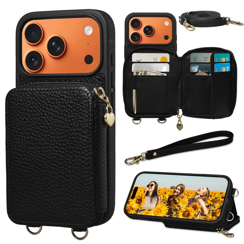 Keallce Case for iPhone 17 Pro 6.3'' Case Wallet, Crossbody Zipper Purse with RFID Blocking Card Slots Kickstand, Lanyard & Handstrap Flip Folio Leather Phone Cover for iPhone 17 Pro, Black - Image 1