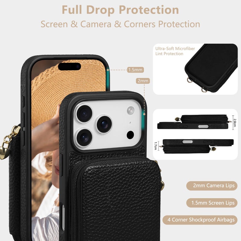 Keallce Case for iPhone 17 Pro 6.3'' Case Wallet, Crossbody Zipper Purse with RFID Blocking Card Slots Kickstand, Lanyard & Handstrap Flip Folio Leather Phone Cover for iPhone 17 Pro, Black - Image 4