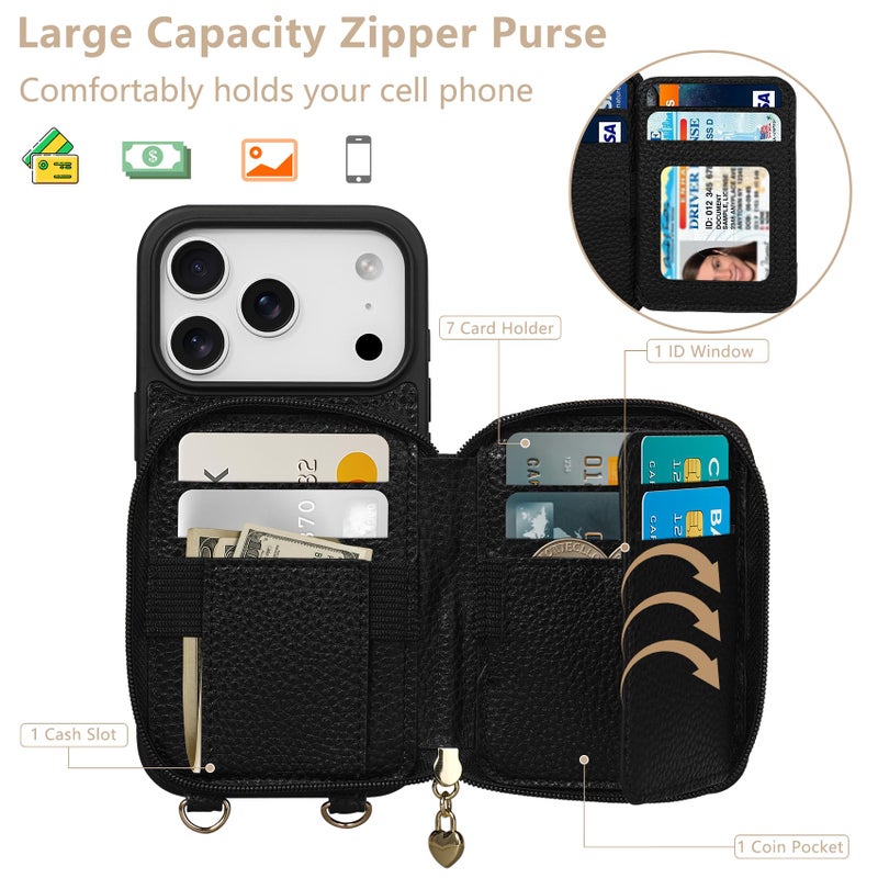 Keallce Case for iPhone 17 Pro 6.3'' Case Wallet, Crossbody Zipper Purse with RFID Blocking Card Slots Kickstand, Lanyard & Handstrap Flip Folio Leather Phone Cover for iPhone 17 Pro, Black - Image 2