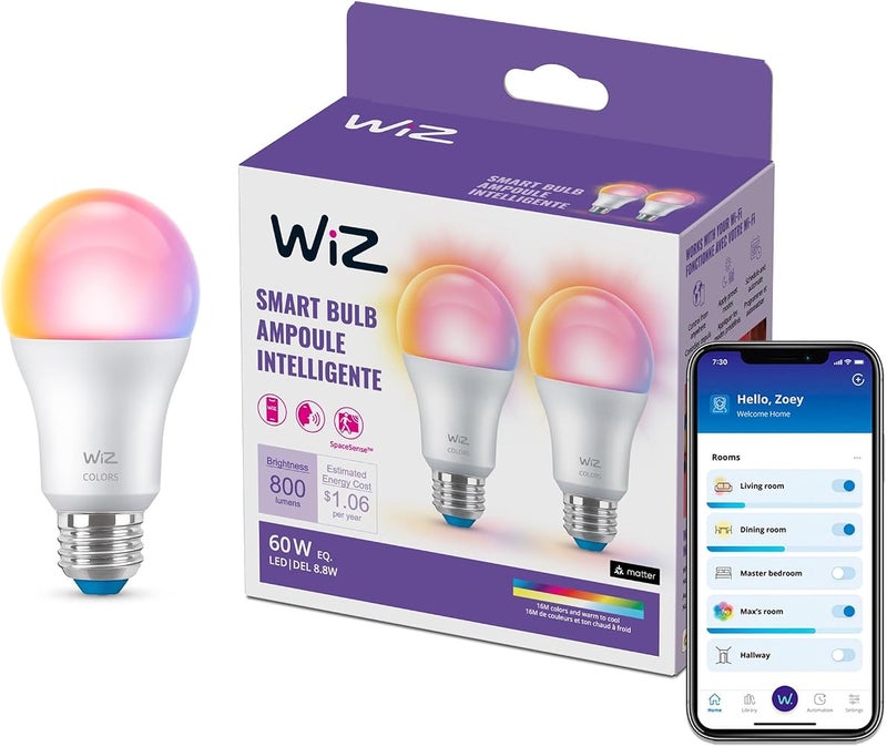 WiZ Connected 60W A19 LED Smart Light Bulbs - Connects to Your Wi-Fi - E26 Smart Bulb - Control with Voice or App + Activate with Motion - Matter Compatible - 2 Pack - Image 1