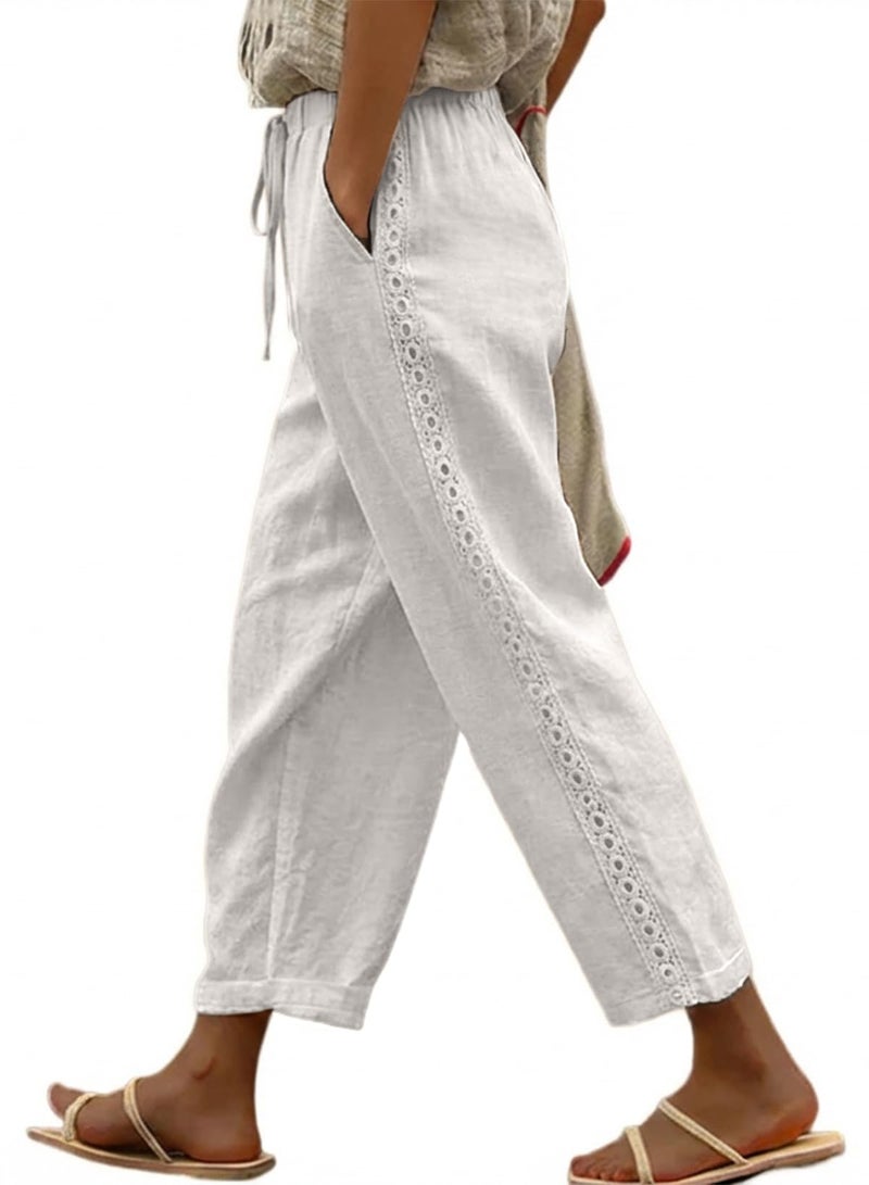 Acelitt Women Casual Linen Pants Drawstring Elastic Waist Fall Fashion 2026 Beach Capri Pants Trousers with Pockets White Large - Image 1