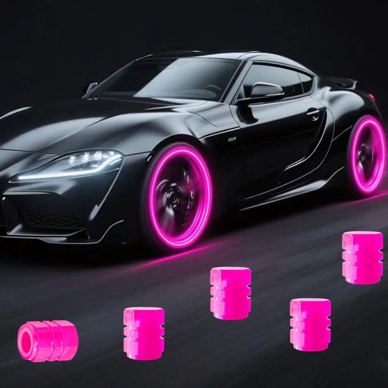 ACODABLEM Luminous Tire Valve Stem Caps for Car, 5PCS Fluorescent Glow in The Dark Air Caps Cover, Illuminated Corrosion Resistant Tire Pressure Caps, Universal for Cars, Trucks, SUVs, Motorcycles, Bikes (Pink) - Image 1