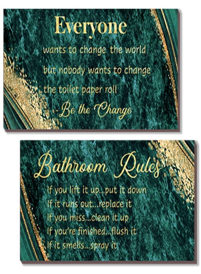 DONFENTHY 2 Pieces Green Gold Bathroom Rules Wall Art Green Gold Bathroom Decor Signs Rustic Farmhouse Wooden Sign for Toilet(12x6") - Image 1