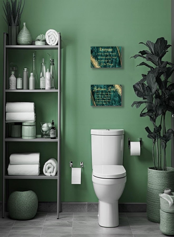 DONFENTHY 2 Pieces Green Gold Bathroom Rules Wall Art Green Gold Bathroom Decor Signs Rustic Farmhouse Wooden Sign for Toilet(12x6") - Image 2