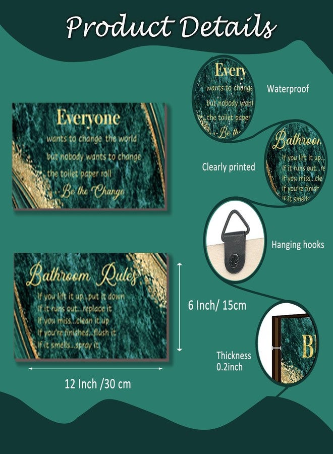 DONFENTHY 2 Pieces Green Gold Bathroom Rules Wall Art Green Gold Bathroom Decor Signs Rustic Farmhouse Wooden Sign for Toilet(12x6") - Image 3
