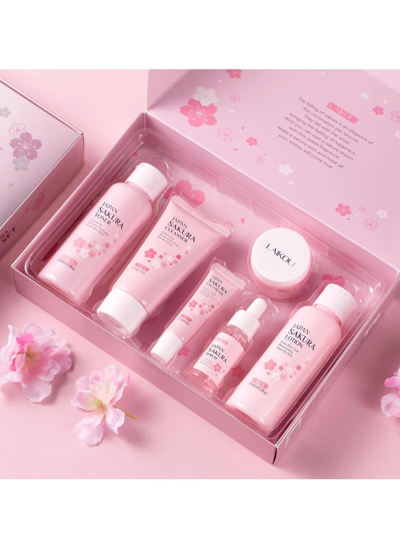 SAKURA - Skincare Set, JAPAN Sakura Skin Care Sets & Kits - Cleanser, Toner, Lotion, Serum, Eye Cream, Face Cream, Travel Gift Sets for Women Teenage Girls Mom Daughter, TSA-friendly Sizes 6pcs - Image 1