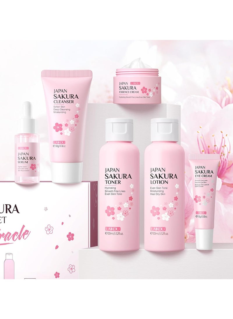 SAKURA - Skincare Set, JAPAN Sakura Skin Care Sets & Kits - Cleanser, Toner, Lotion, Serum, Eye Cream, Face Cream, Travel Gift Sets for Women Teenage Girls Mom Daughter, TSA-friendly Sizes 6pcs - Image 1