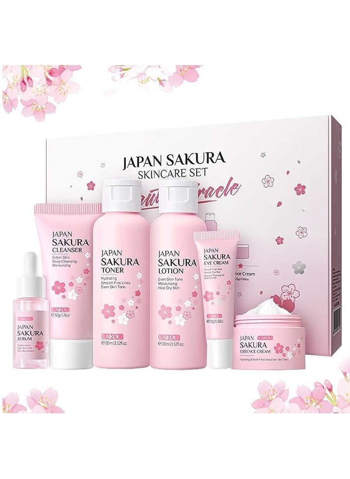 SAKURA - Skincare Set, JAPAN Sakura Skin Care Sets & Kits - Cleanser, Toner, Lotion, Serum, Eye Cream, Face Cream, Travel Gift Sets for Women Teenage Girls Mom Daughter, TSA-friendly Sizes 6pcs - Image 1