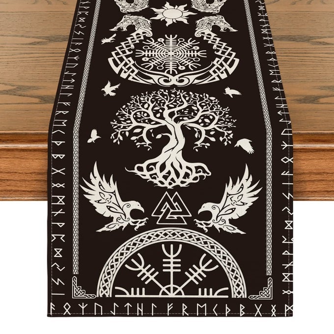 BLACK VIKING TREE OF LIFE RAVEN HELM OF AWE TABLE RUNNER SEASONAL KITCHEN DINING TABLE DECORATION FOR HOME PARTY DECOR 40X140 CM