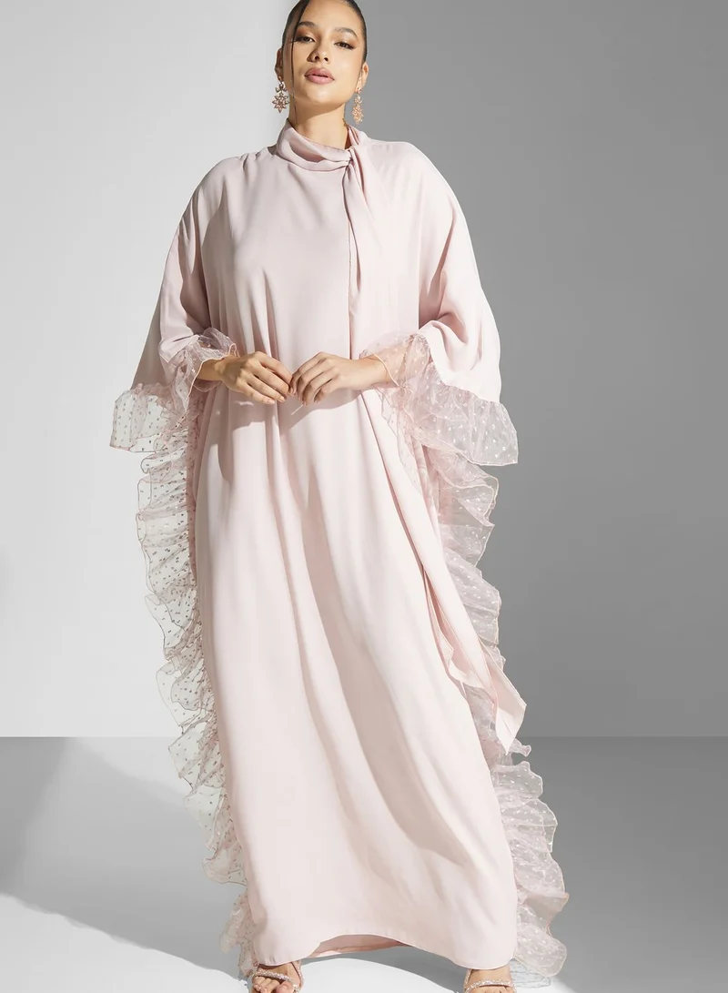 Namshi x Ruffle Hem Kaftan With Neck Tie