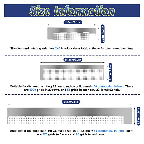 Whaline 3Pcs Stainless Diamond Pasted Drawing Ruler Steel 5D Drawing Mesh Ruler with Fix Tools 240 520 1020 Blank Grids for Full Drill or Partial Drills DIY Art Crafts Diamond Painting Kits - Image 2