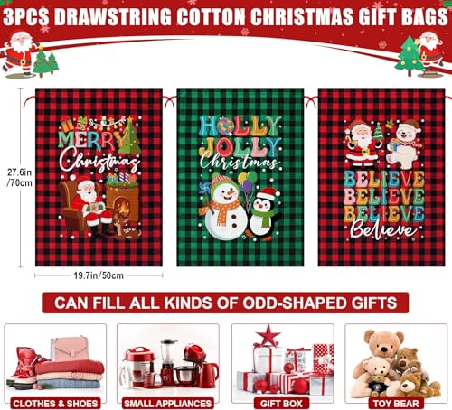 FLOE 3PCS Large Burlap Bags wTags 20x28in Buffalo Plaid Holiday Sacks Reusable Cotton Wrapping Santa Sack for Xmas Present Party Favor - Image 3