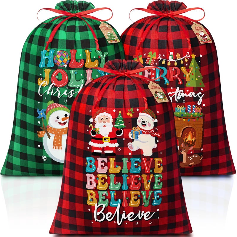 FLOE 3PCS Large Burlap Bags wTags 20x28in Buffalo Plaid Holiday Sacks Reusable Cotton Wrapping Santa Sack for Xmas Present Party Favor - Image 2