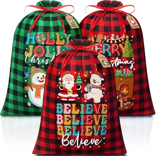 FLOE 3PCS Large Burlap Bags wTags 20x28in Buffalo Plaid Holiday Sacks Reusable Cotton Wrapping Santa Sack for Xmas Present Party Favor - Image 1
