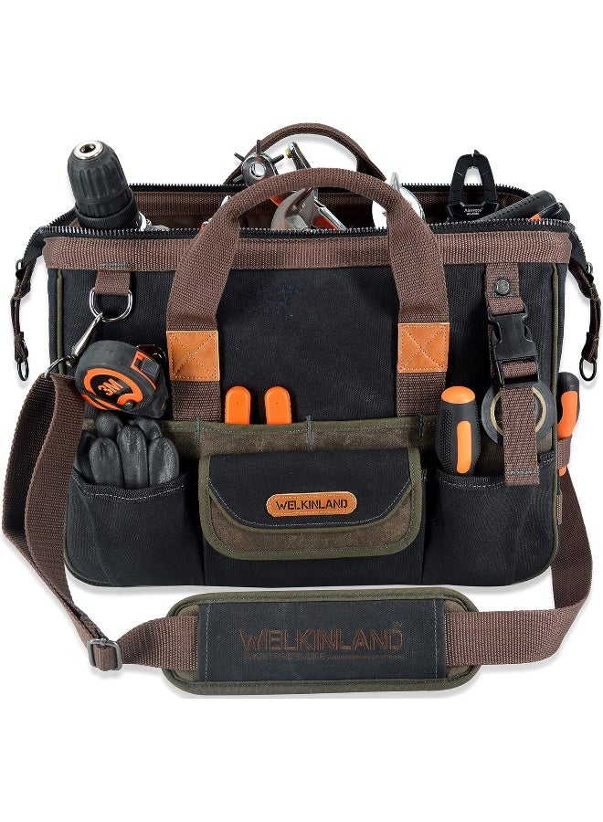 32-Pockets Waxed Canvas Tool Bag, Heavy-Duty Electrician Tool Bag, HVAC Tool Bag, Tool Bag Organizer, 16" Tools Bag Carrier, Tool Bags for Electricians, Tool Bags for Men, Tool Bags for Construction  - Image 1