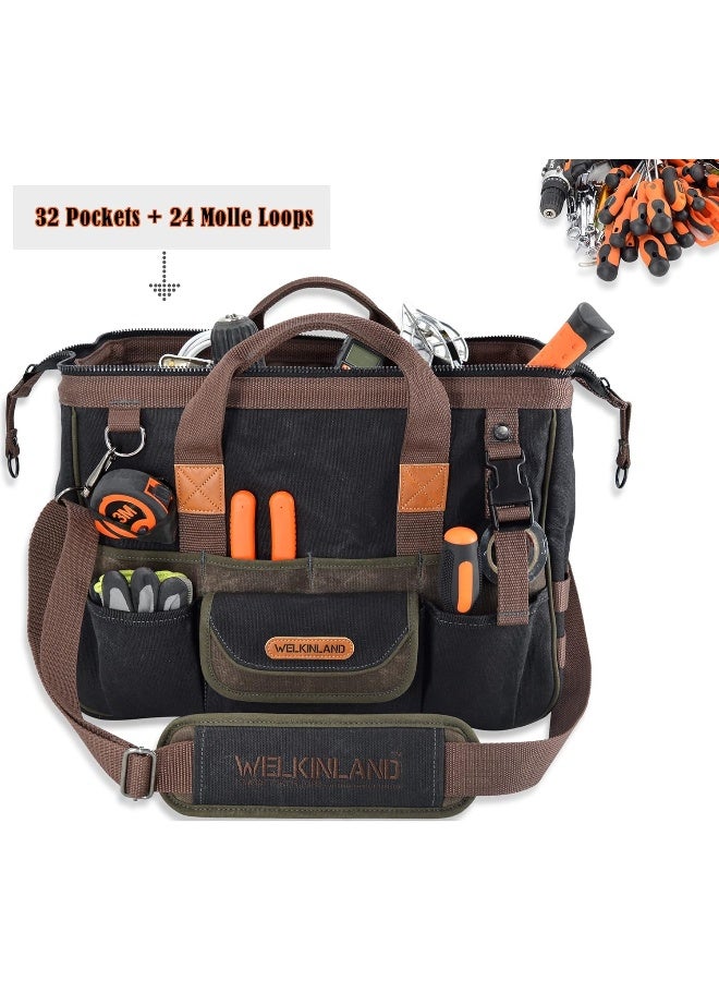 32-Pockets Waxed Canvas Tool Bag, Heavy-Duty Electrician Tool Bag, HVAC Tool Bag, Tool Bag Organizer, 16" Tools Bag Carrier, Tool Bags for Electricians, Tool Bags for Men, Tool Bags for Construction  - Image 2