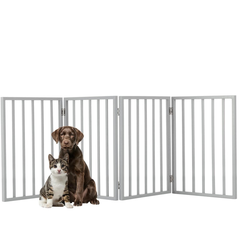Pet Gate - 4-Panel Indoor Foldable Dog Fence for Stairs, Hallways, or Doorways - 72x24-Inch Retractable Wood Freestanding Dog Gates by PETMAKER (Gray)