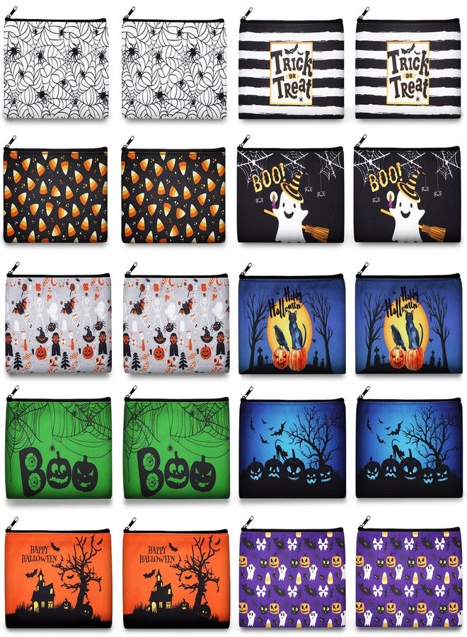 Reginary 20 Pcs Halloween Cosmetic Bags Gift Bags for Kids Girls Women Happy Halloween Pattern Toiletry Organizer for Party Favors Double Sided Printed Makeup Pouch with Zipper - Image 1