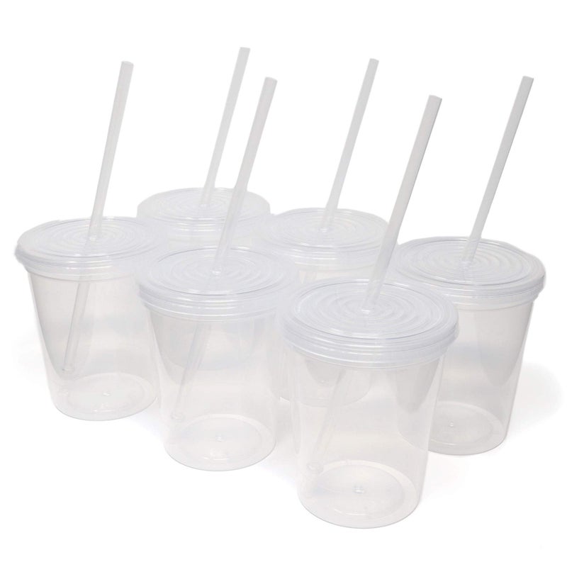 Rolling Sands 16 Oz Reusable Plastic Stadium Cups with Lids 6 Pack USA Made Tumblers and Lids Includes 6 Reusable Straws Dishwasher Safe Translucent Clear