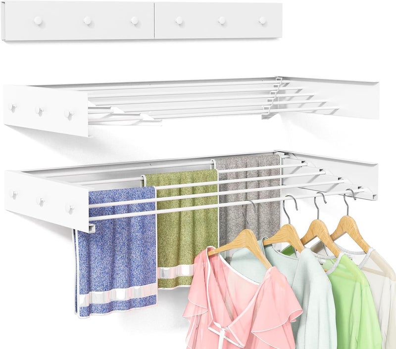 BAKON Wall Mounted Drying Rack for Laundry 40'', Folding Drying Rack Clothing Wall Mount with 5 Rods and 6 Hooks, Space Saving for Indoor Outdoor Bathroom Balcony (White, 40'') - Image 1