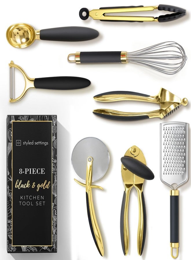 styled settings Black and Gold Kitchen Utensils - Luxe 8-Piece Gold Kitchen Tools Set with Can Opener, Pizza Cutter, Peeler, Mini Whisk, and Tongs - Stylish Accessories for Modern Cooking and Ideal for Gifting - Image 1