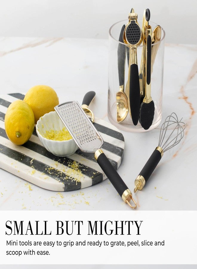 styled settings Black and Gold Kitchen Utensils - Luxe 8-Piece Gold Kitchen Tools Set with Can Opener, Pizza Cutter, Peeler, Mini Whisk, and Tongs - Stylish Accessories for Modern Cooking and Ideal for Gifting - Image 3
