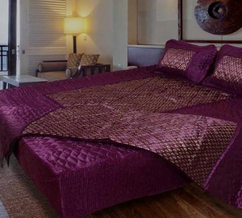 ManavRachit Jaipuri Sanganeri Satin Gold Printed Designer Bedding Set Set of 4 pcs 1 Double Bed Bedsheet 2 Pillow Cover 1 Double Bed AC Comforter Designer BUTTI FALSA Purple - Image 1