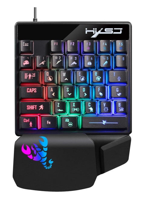 لوحة مفاتيح ألعاب HXSJ V400 بيد واحدة ولوحة مفاتيح سلكية بإضاءة RGB ملونة ولوحة مفاتيح مريحة لوضع اليد باللون الأسود