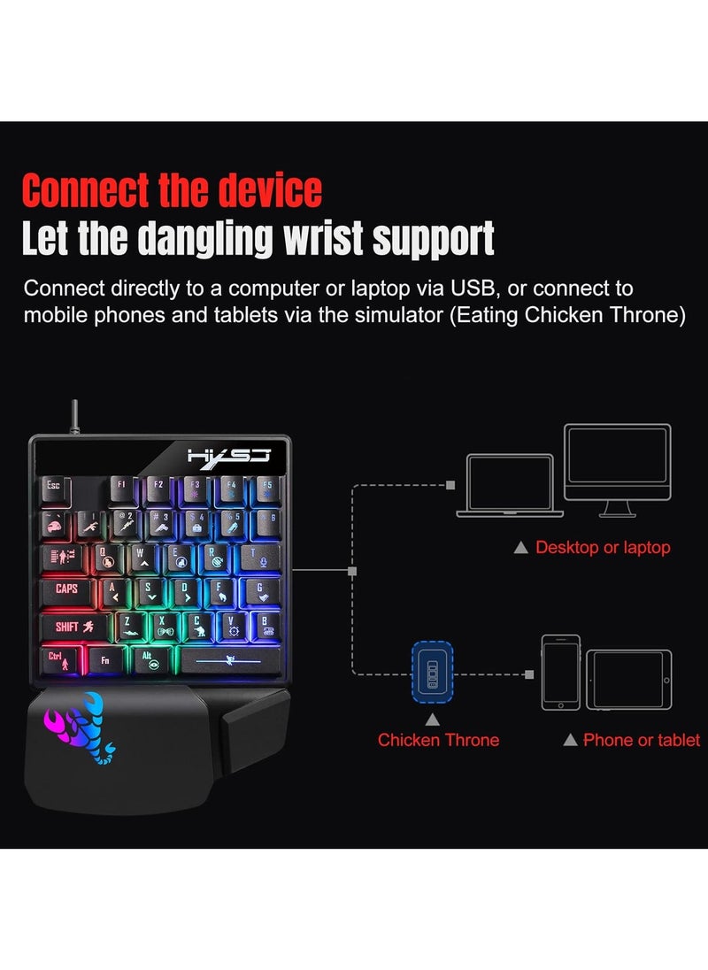 لوحة مفاتيح ألعاب HXSJ V400 بيد واحدة ولوحة مفاتيح سلكية بإضاءة RGB ملونة ولوحة مفاتيح مريحة لوضع اليد باللون الأسود